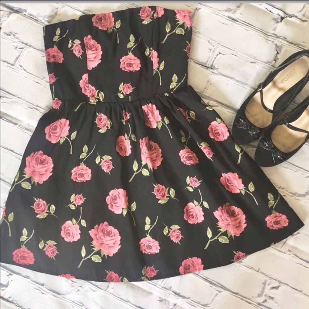 Black with Rose Print Strapless Dress